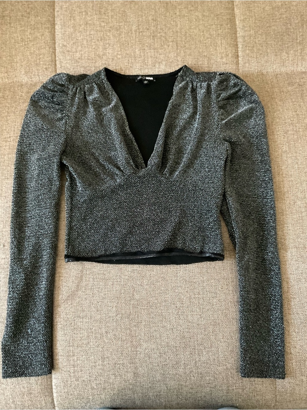 Fashion Nova Metallic Silver V-Neck Long Sleeve Crop Top